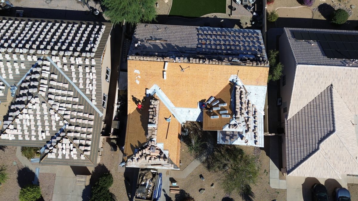 Aerial view of roofs getting a replacement