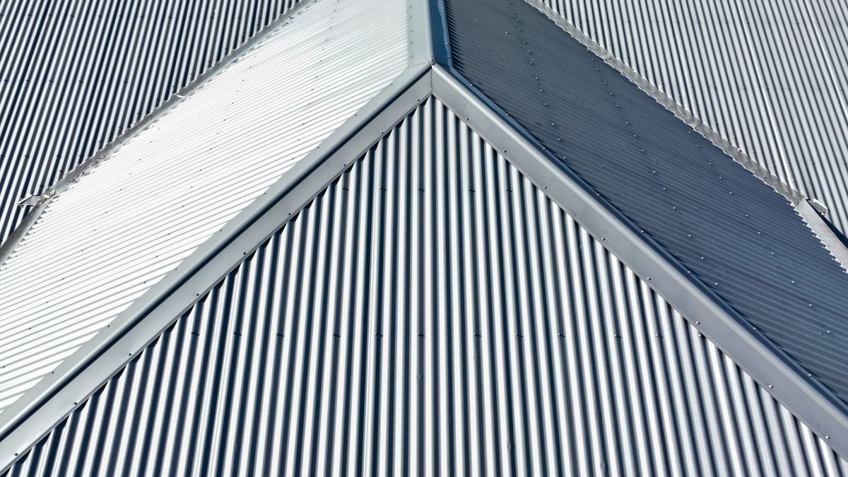 Drone aerial photograph of a grey coated corrugated iron roof on a domestic residence