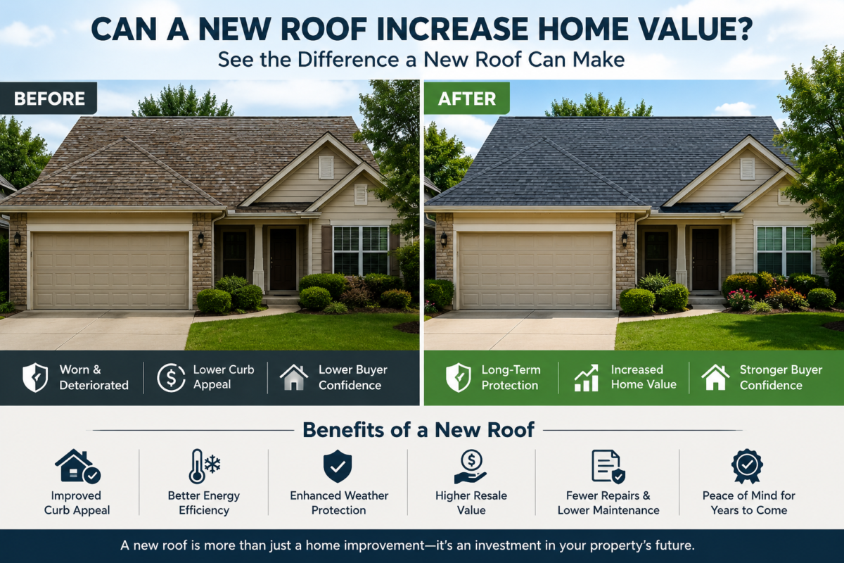 Can a New Roof Increase Home Value? What Homeowners Should Know 1 Before and after roof replacement demonstrating how a new roof can increase home value and improve curb appeal